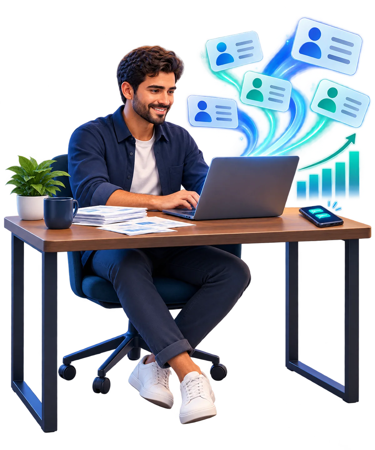 Ilustração do mesmo empresário agora confiante, recebendo novos contatos de clientes e acompanhado de um gráfico simbólico de crescimento do faturamento