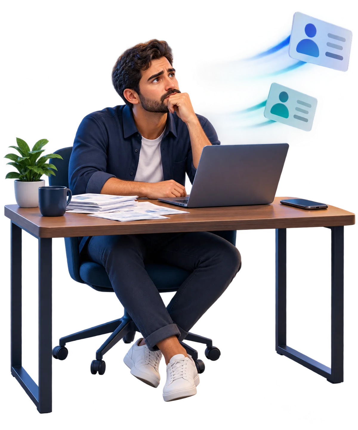 Ilustração de empresário preocupado diante do computador e de contas, com cartões de contato se afastando para representar oportunidades perdidas