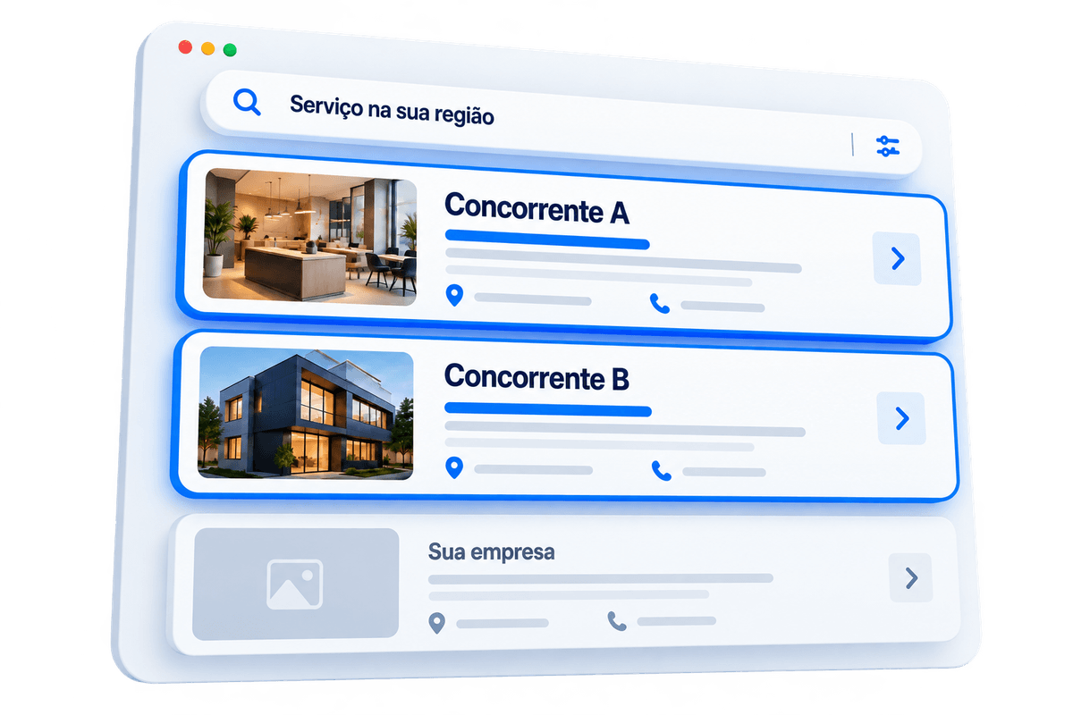 Simulação de uma busca: concorrentes em destaque e sua empresa abaixo, com apresentação menos completa